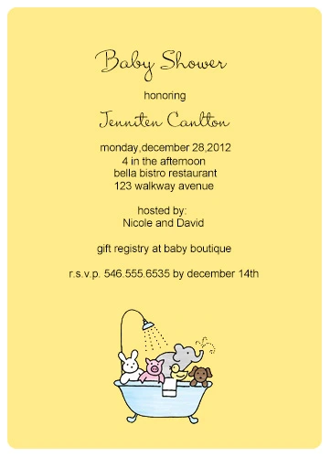 minimalist yellow baby shower invitation cute bathtub animals illustration gender neutral baby shower invite