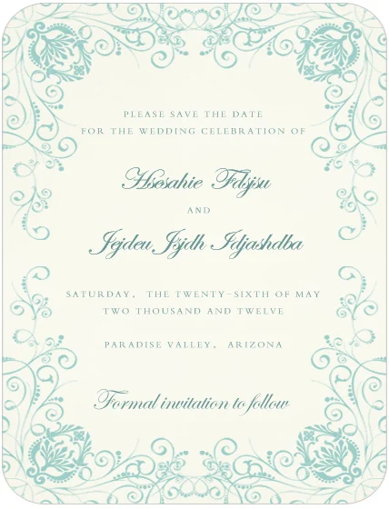 mint green save the date card elegant floral ornate vintage wedding announcement romantic script typography
