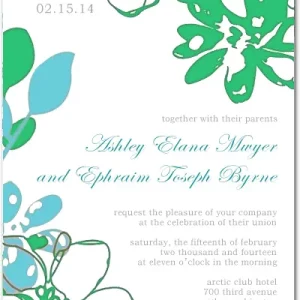 Modern wedding invitation featuring abstract green and blue floral illustrations with elegant script typography on a light background