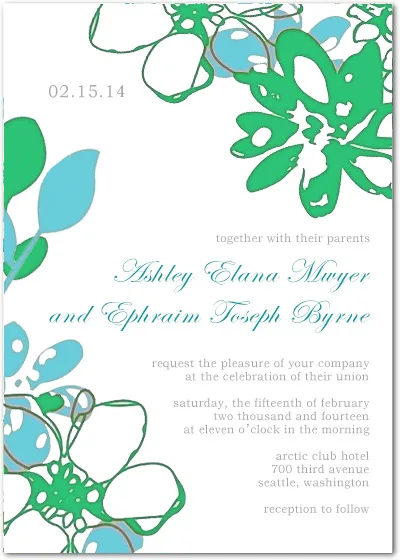 Modern wedding invitation featuring abstract green and blue floral illustrations with elegant script typography on a light background