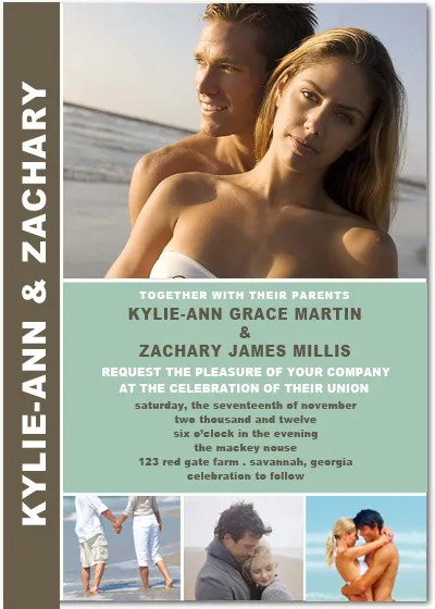 Modern beach wedding invitation with couple photo collage, sage green layout, and romantic seaside engagement pictures