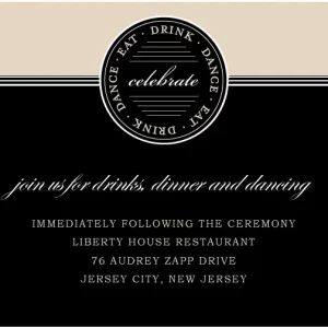 modern wedding reception card black gold celebrate badge drinks dinner dancing elegant stylish wedding stationery