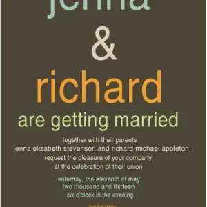 Modern minimalist wedding invitation featuring large typography names Jenna and Richard with clean layout and simple elegant brown background design