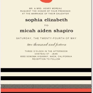 Modern wedding invitation featuring coral monogram circle, minimalist typography, black stripe accents, and decorative pattern border