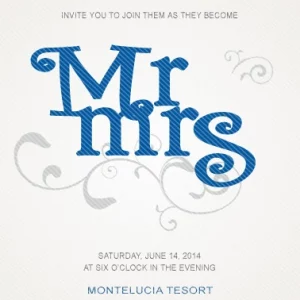 Modern wedding invitation featuring bold “Mr & Mrs” typography in blue with elegant swirl details and clean minimalist layout