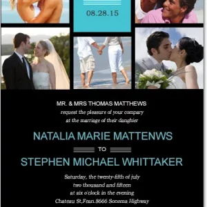 Contemporary wedding invitation featuring a photo collage grid layout, black background, teal accents, and clean modern typography
