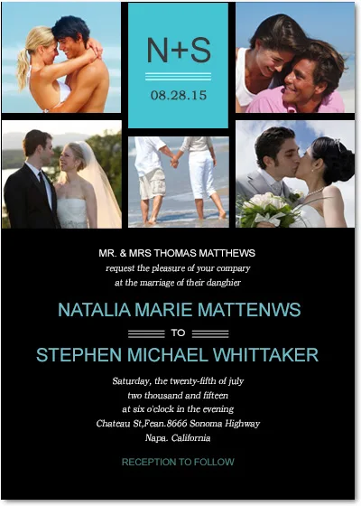 Contemporary wedding invitation featuring a photo collage grid layout, black background, teal accents, and clean modern typography