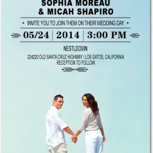 Modern wedding invitation featuring couple walking on beach with bold date typography and clean minimalist layout design