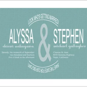 Modern wedding invitation with bold typography, large ampersand design, and teal background in a minimalist layout