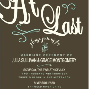 modern typography wedding invitation with At Last script and rustic brown background