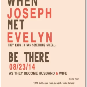 Modern typography wedding invitation featuring bold text layout “When Joseph Met Evelyn” with beige background and clean minimalist design
