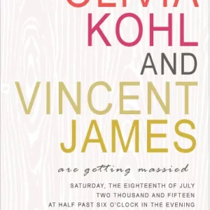 Modern wedding invitation featuring wood texture background with bold colorful typography and minimalist layout design