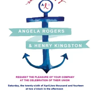 Nautical wedding invitation featuring blue watercolor anchor design, ribbon name banner, and clean typography for seaside themed wedding celebration
