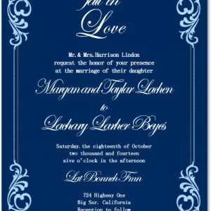 navy blue wedding invitation with fall in love text and elegant vintage ornate frame