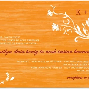 Vibrant orange wedding invitation with white floral accents, textured background, and elegant script typography perfect for fall or rustic weddings