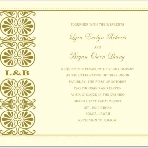 Elegant vintage wedding invitation with ornate gold decorative patterns on a cream background and classic serif typography