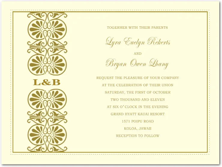 Elegant vintage wedding invitation with ornate gold decorative patterns on a cream background and classic serif typography