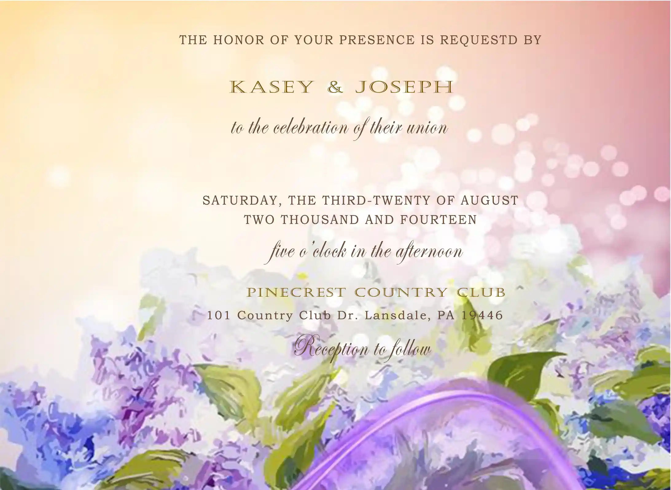 pastel watercolor wedding invitation with floral design and soft bokeh lights romantic style