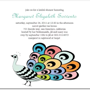 Vibrant landscape flat bridal shower invitation HPB136 showcasing a majestic tail peacock feather graphic layout beside custom script details