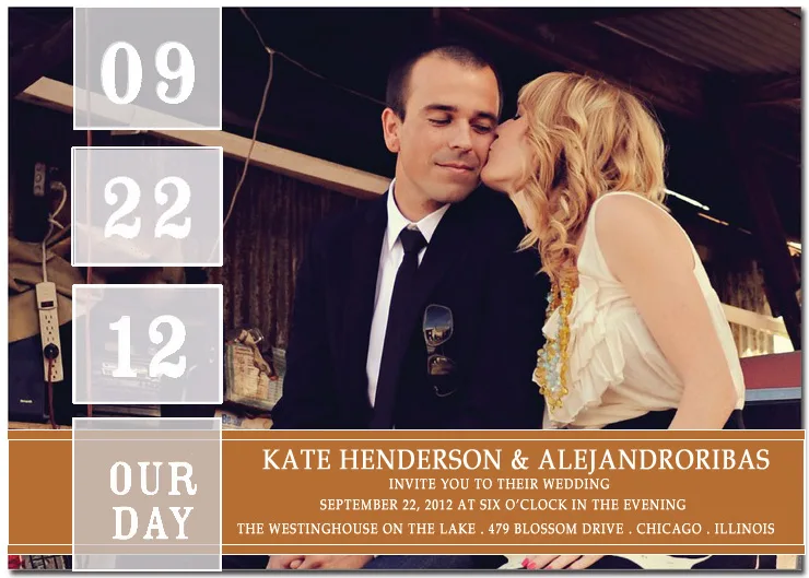 Modern photo wedding invitation featuring romantic couple image with vertical date blocks and clean typography overlay in warm brown tones