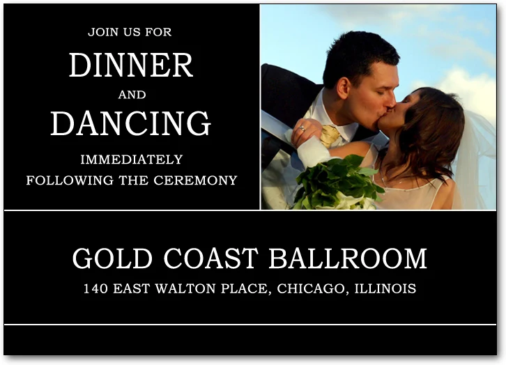 photo wedding reception card black white modern couple image dinner dancing ballroom elegant wedding stationery