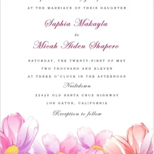 Modern wedding invitation with soft pink and peach daisy flowers along the bottom, clean layout, and elegant romantic typography