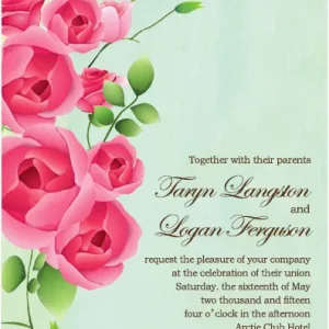 Romantic wedding invitation featuring pink roses with soft green background and elegant script typography
