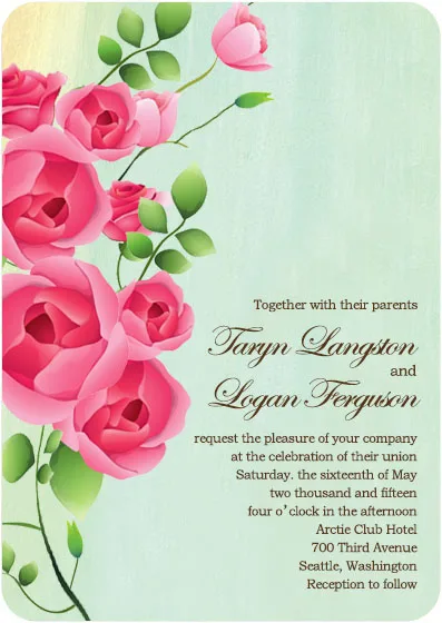 Romantic wedding invitation featuring pink roses with soft green background and elegant script typography