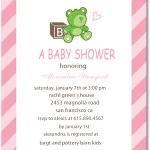 pink teddy bear baby shower invitation striped background cute girl baby shower invite with toy block