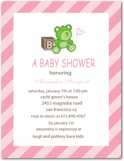 pink teddy bear baby shower invitation striped background cute girl baby shower invite with toy block