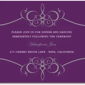 plum purple wedding reception card elegant swirl vintage napa dinner dancing romantic formal wedding stationery