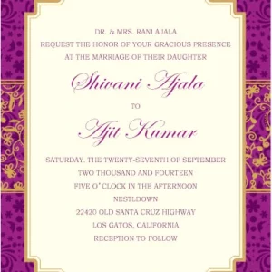 Luxury wedding invitation featuring purple damask pattern, gold ornamental frame, and elegant script typography with royal styling