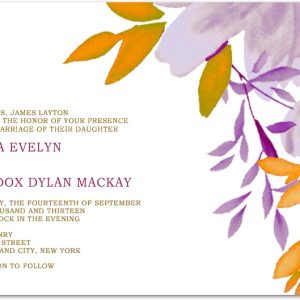 modern purple and orange floral wedding invitation with elegant fall botanical design