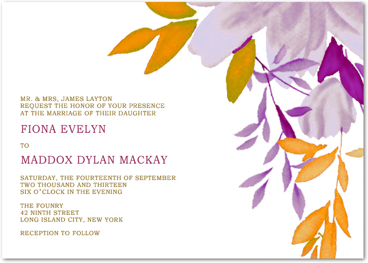 modern purple and orange floral wedding invitation with elegant fall botanical design