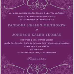 purple ornate wedding invitation with vintage scroll pattern and elegant formal design