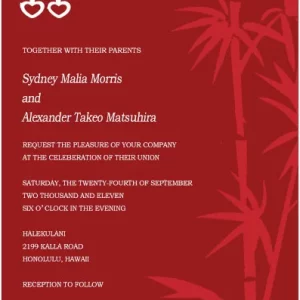 Red wedding invitation featuring double happiness symbol and bamboo design with elegant white typography for an Asian-inspired celebration