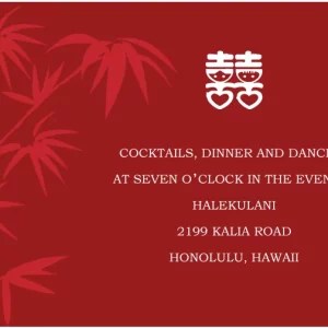 red asian wedding reception card double happiness symbol bamboo hawaii luau dinner dancing elegant cultural wedding stationery