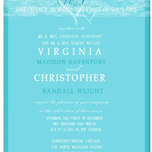 Romantic aqua wedding invitation featuring elegant script typography, soft overlay design, and modern classic layout with light blue background