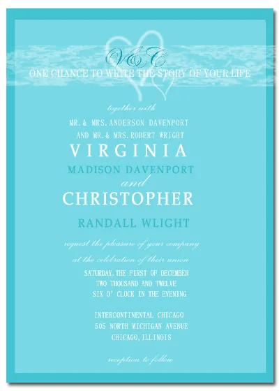 Romantic aqua wedding invitation featuring elegant script typography, soft overlay design, and modern classic layout with light blue background