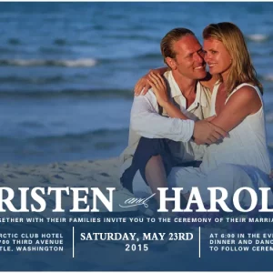 Romantic beach wedding invitation featuring couple embracing by the ocean with blue overlay and elegant white typography