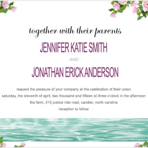 Wedding invitation featuring pink rose floral corners with a soft watercolor water design and elegant modern typography