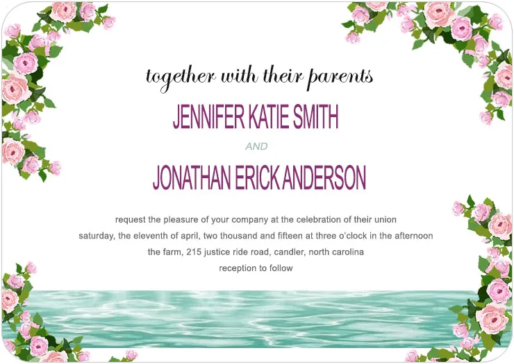 Wedding invitation featuring pink rose floral corners with a soft watercolor water design and elegant modern typography