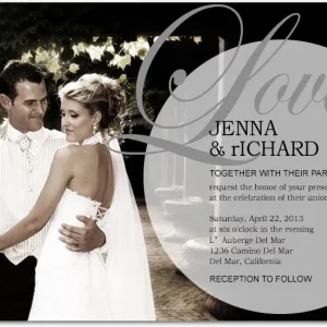 Romantic wedding invitation featuring a couple photo, soft circular overlay, elegant script typography, and modern black and white design