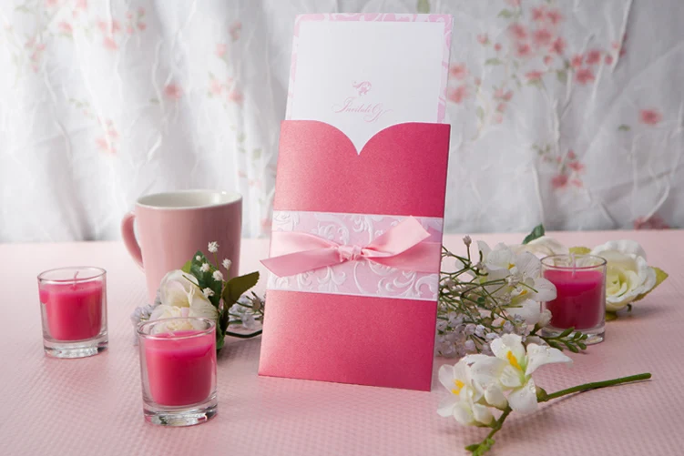 romantic blush pink pocket fold wedding invitation with curved heart flap and printed insert card