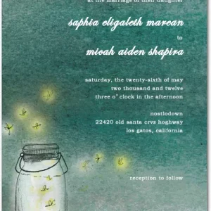 Rustic wedding invitation featuring a mason jar with glowing fireflies on a textured teal background with handwritten-style typography
