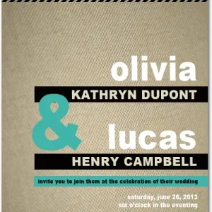 Rustic modern wedding invitation with burlap texture background, bold typography, teal ampersand, and minimalist layout
