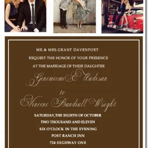 Rustic wedding invitation featuring three photo collage layout with elegant script typography and rich brown background for vintage style wedding