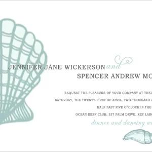 Elegant beach wedding invitation featuring sea shell illustrations, soft teal ocean accents, and clean minimalist typography for a tropical seaside wedding
