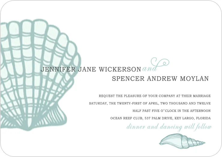Elegant beach wedding invitation featuring sea shell illustrations, soft teal ocean accents, and clean minimalist typography for a tropical seaside wedding