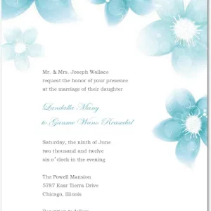 Elegant wedding invitation with soft blue watercolor flowers and minimalist layout featuring delicate script typography